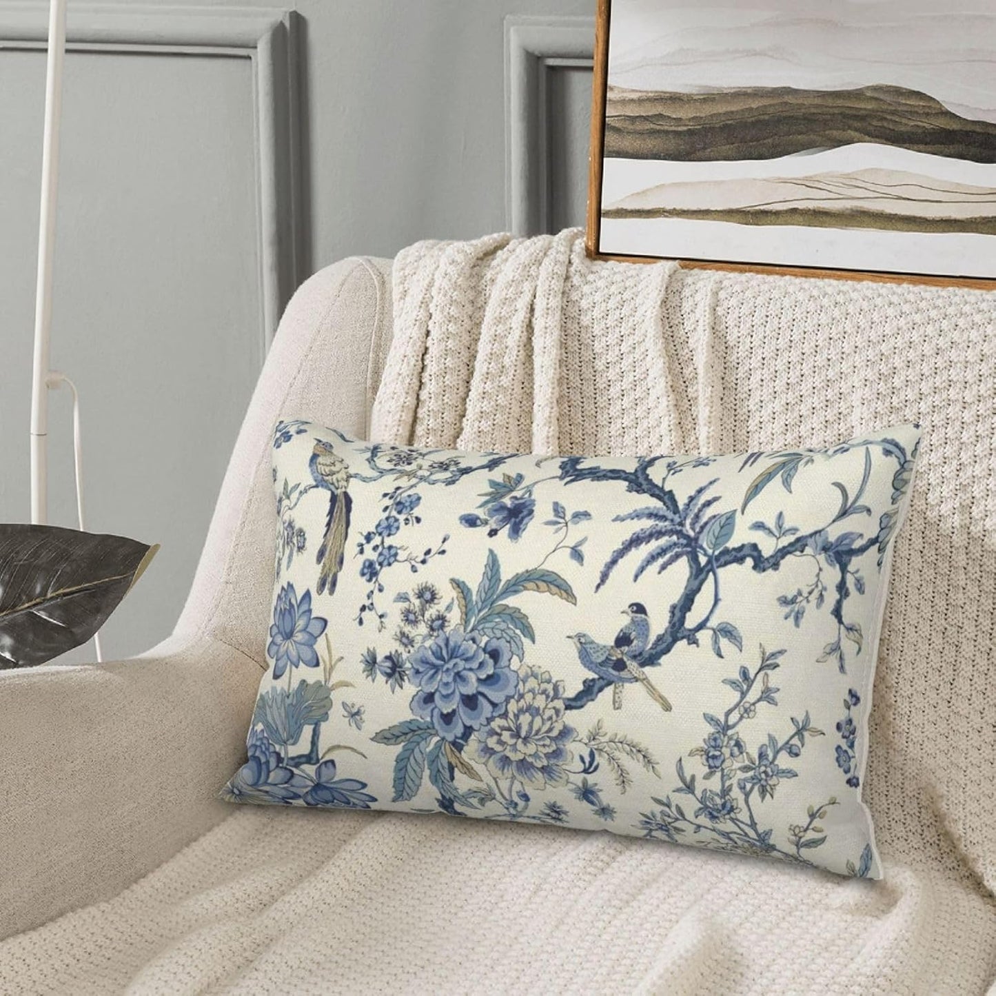 CXMEIFLY Spring Floral Birds Pillow Covers 12 x 20 Inch Set of 2 for Chinoiserie Flowers Decor Throw Pillows Blue and White Plant Outdoor Decorative Cushion Cases for Couch Bed Decorations