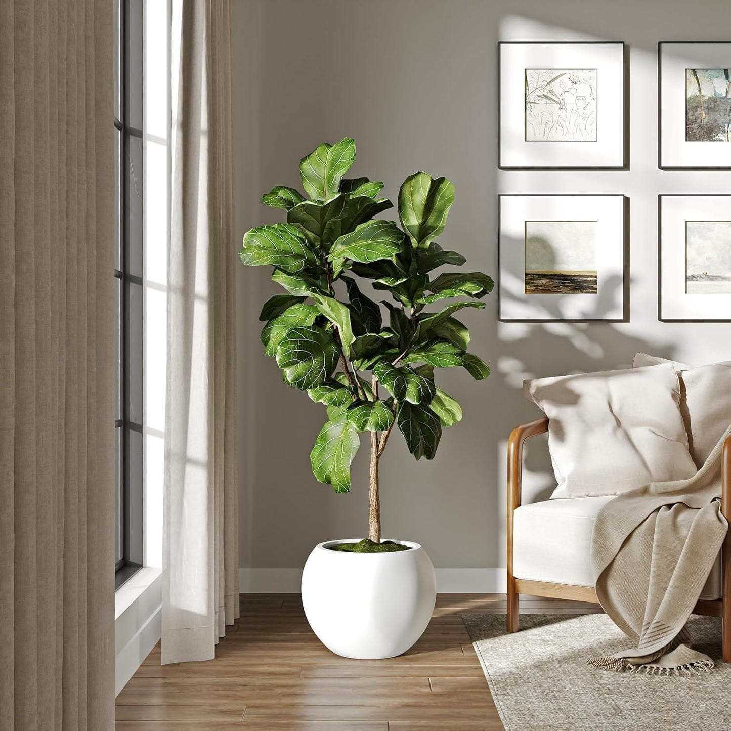 DTY Signature Mount Sherman Lightweight Durable Modern Fiberstone Sphere Planter for Indoor & Outdoor Drainage Hole & Rubber Plug Weather Resistant, 13.5" H x 17" Dia, 12" Opening - Medium, White