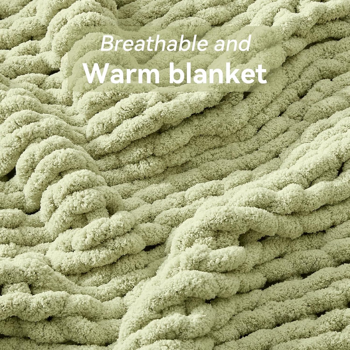 Chunky Knit Throw Blanket, 60''*80'' Knitted Throw Chenille Yarn for Bed Couch, Handmade Light Green Crochet Big Thick Blanket, Machine Washable Cute Comfy Blanket for Home Decor