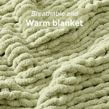 Chunky Knit Throw Blanket, 60''*80'' Knitted Throw Chenille Yarn for Bed Couch, Handmade Light Green Crochet Big Thick Blanket, Machine Washable Cute Comfy Blanket for Home Decor