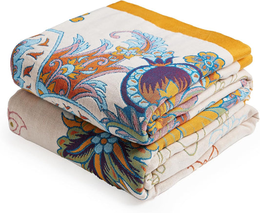 Boho Throw Blanket, 100% Organic Cotton Breathable Ultra Soft Bed Quilt Throw - All Season Floral Bird Butterfly Farmhouse Decor Blanket for Sofa Couch Chair and Gift. 50" x 60"