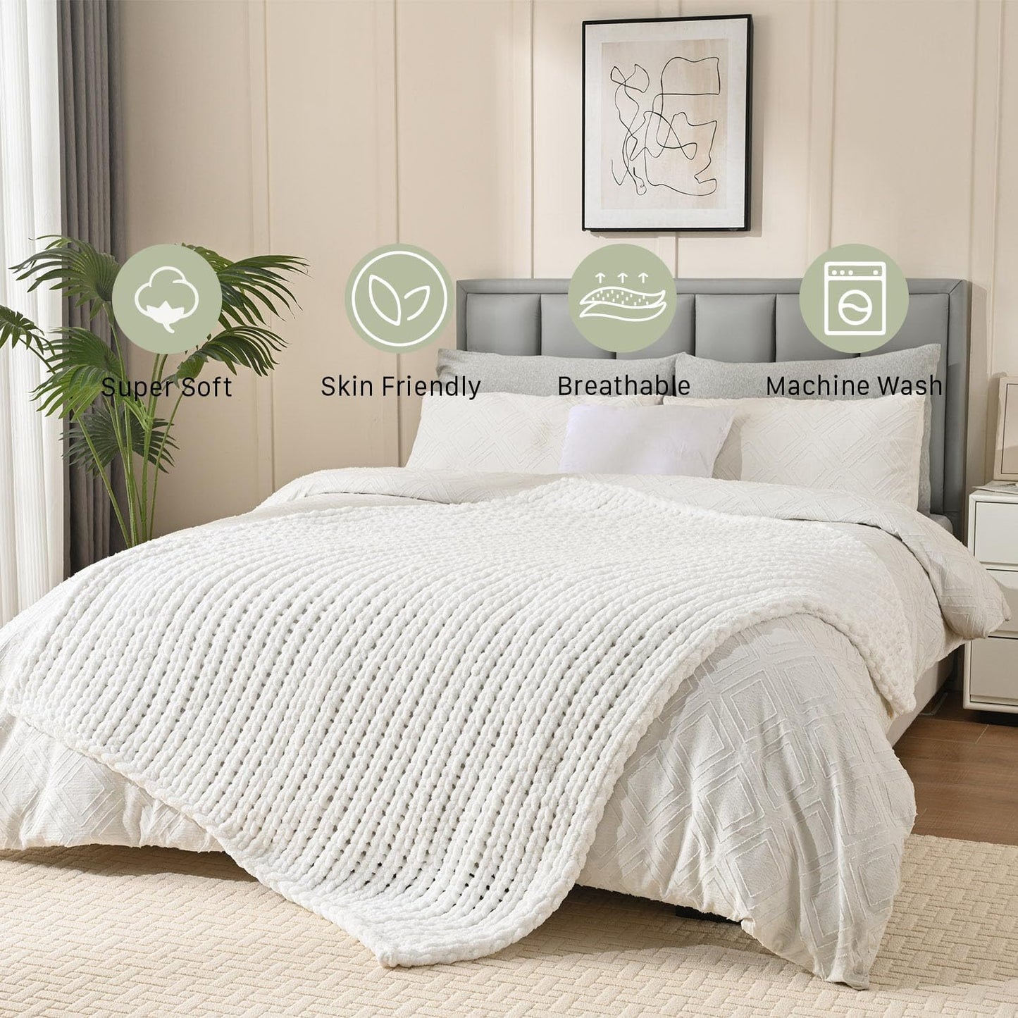 Esterra Chunky Knit Blanket Throw 40"x50", 100% Hand Knitted Chenille Throw Blanket, Cozy Soft Thick Cable Knit Throw Large Rope Knot Crochet Throw Blanket for Sofa Couch Bed, Snow White