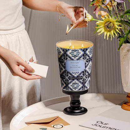 HomeLights Lilac Blossom Scented Candles | 34oz Soy Candles Bohemian Natural Textures 3-Wick Large Candle Jars | Ideal Candle Gifts for Events, Home Decor Stress, Relief & Relaxation