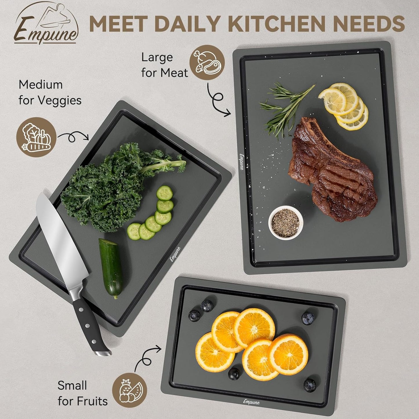 Empune Plastic Cutting Board Set, Recycled Plastic Cutting Boards for Kitchen (Set of 3), Dishwasher Safe Large Chopping Board with Holder, Non-slip Feet and Juice Grooves, Nonporous, Grey