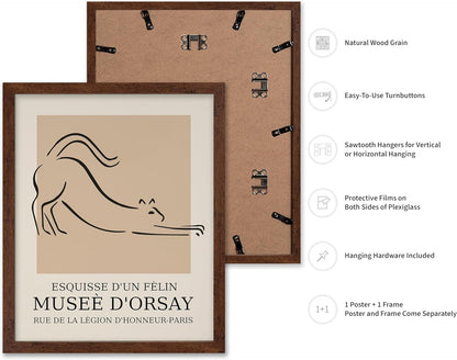 Poster Master Vintage Poster - Retro Minimalist Print - Gift for Artist, Housewarming - Cat, Line Drawing, Sketch, Abstract - Wall Decor for Living Room, Bedroom, 8x10 Brown Framed