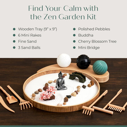 Zen Garden for Desk – Mini Zen Garden Kit for Calming Stress & Relaxing - Japanese Sand Box with Tray, Buddha, Tree, Sand, Rakes, Pebbles & Balls – Sensory Relaxation Gift for Home & Office Decor