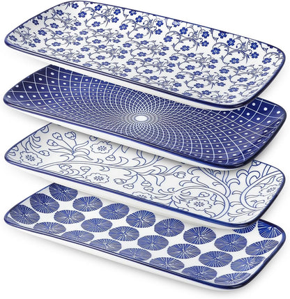 Selamica Ceramic Serving Platters, 14 Inch Serving Trays for Party Entertaining, Large Rectangular Serving Plates for Appetizer, Charcuterie, Dessert, Fruit, Set of 4, Vintage Blue