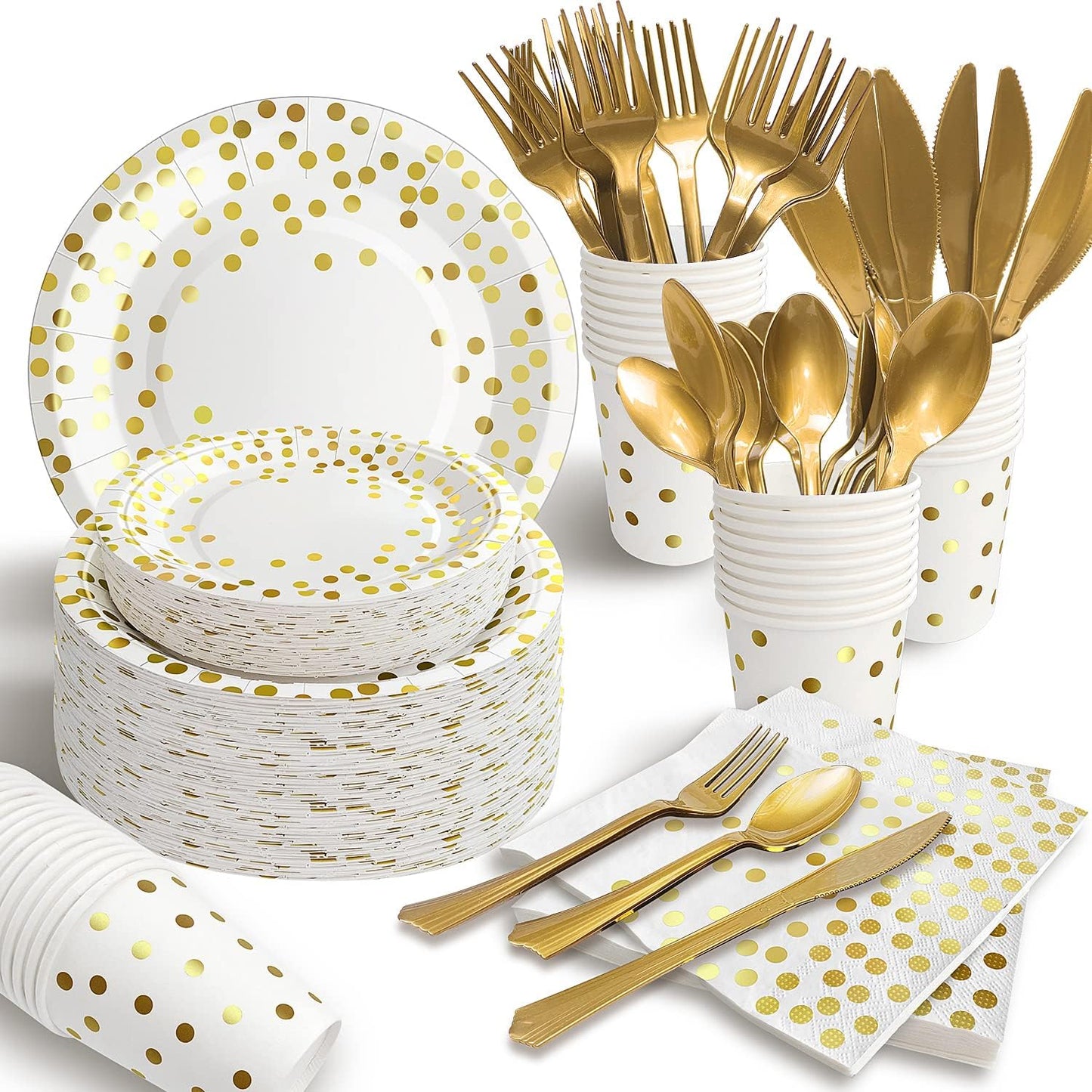 AIRE 350PCS White Gold Paper Plates Party Supplies for 50 Guests Party Decorations Disposable Dinnerware Paper Plates Cups Napkins Gold Plastic Forks Knives Spoons for Wedding Birthday Engagement