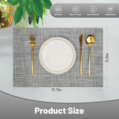Placemats Set of 6，Non-Slip PVC Weave Table Mats Easy to Clean，Heat Resistant Place Mats for Kitchen Dining Table Decoration Indoor Outdoor，Gray