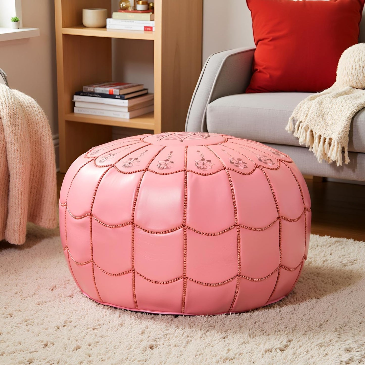 Stuffed Arch Design Moroccan Leather Pouf Ottoman, Handmade, Pre-Filled, 100% Genuine Leather, 14” Height x 22” Diameter – Boho Chic Footstool & Living Room Décor (Pink)
