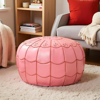 Stuffed Arch Design Moroccan Leather Pouf Ottoman, Handmade, Pre-Filled, 100% Genuine Leather, 14” Height x 22” Diameter – Boho Chic Footstool & Living Room Décor (Pink)
