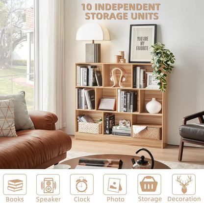 LEYAOYAO 10 Cube Bookshelf with Base,3 Tier Mid-Century Modern Grey Bookcase,Standing Wide Bookshelves Storage Organizer Shelf,Rustic Wood Display Cabinet Book Shelves for Bedroom,Living Room,Office