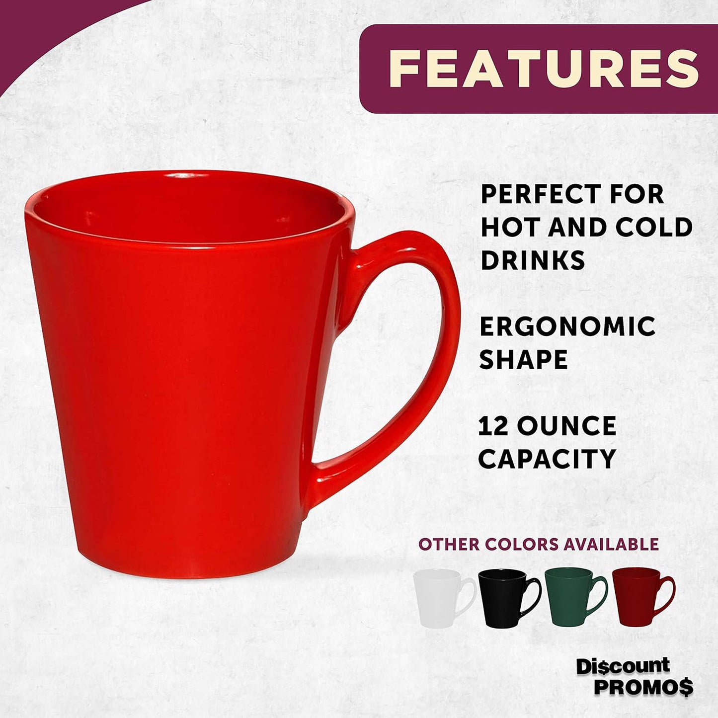 DISCOUNT PROMOS Glossy Ceramic Latte Coffee Mug 12 oz. Set of 10, Bulk Pack - Perfect for Tea, Espresso, Cappuccino, Hot Cocoa - Red