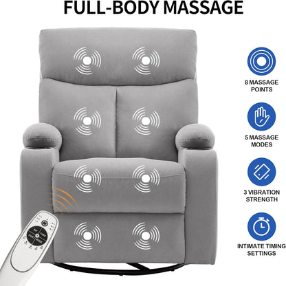 Swivel Power Recliner Chair for Adults with Full Body Massage, Electric Rocker Recliner Chairs for Living Room with USB and Type-C Ports, Fabric Rocking Reclining Sofa Chair (LightGrey)