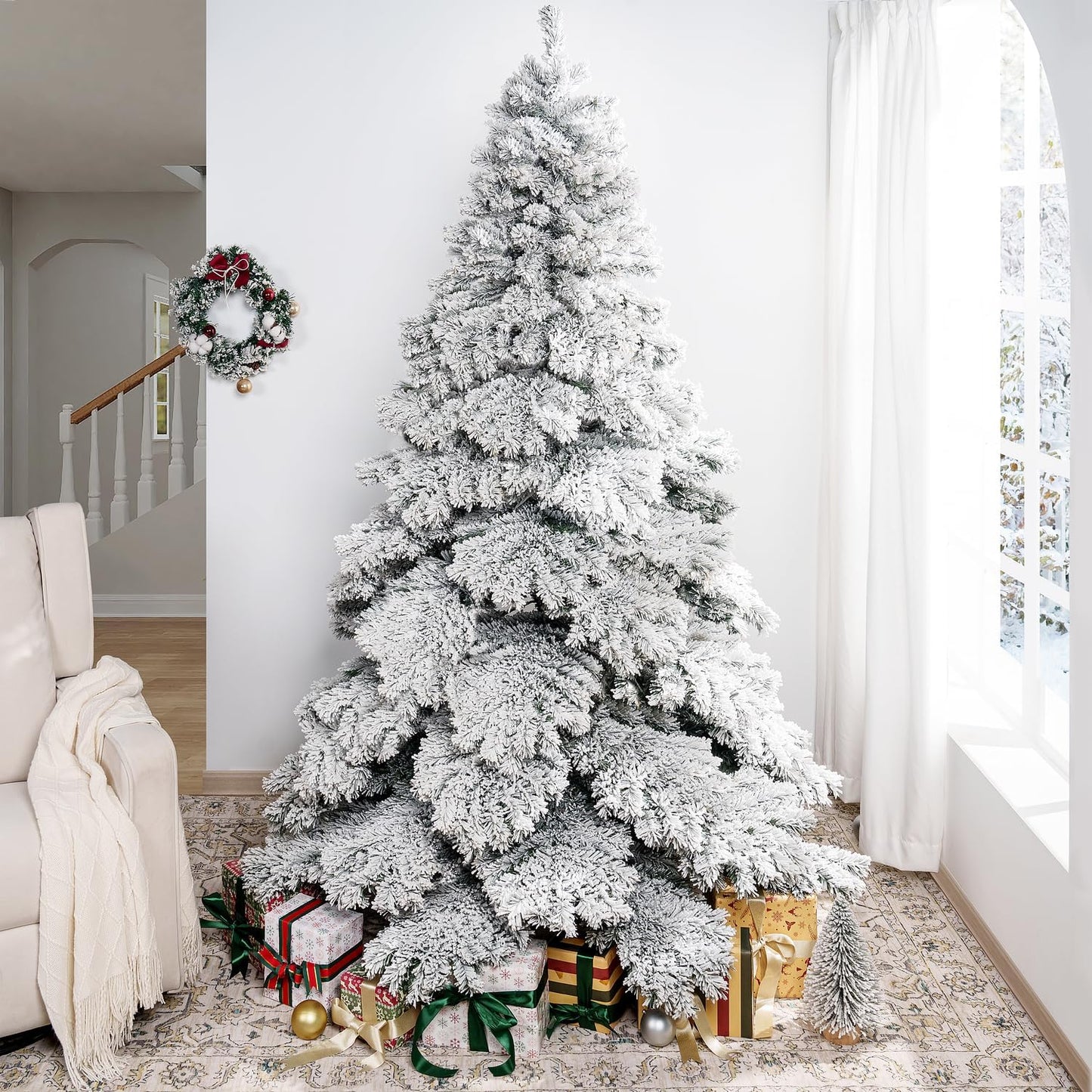 Naomi Home 6.5ft Snow Flocked Christmas Tree with Lights, Realistic Frosted Prelit with 892 Branch Tips, 450 Warm Lights and Metal Stand, Aritificial Tree