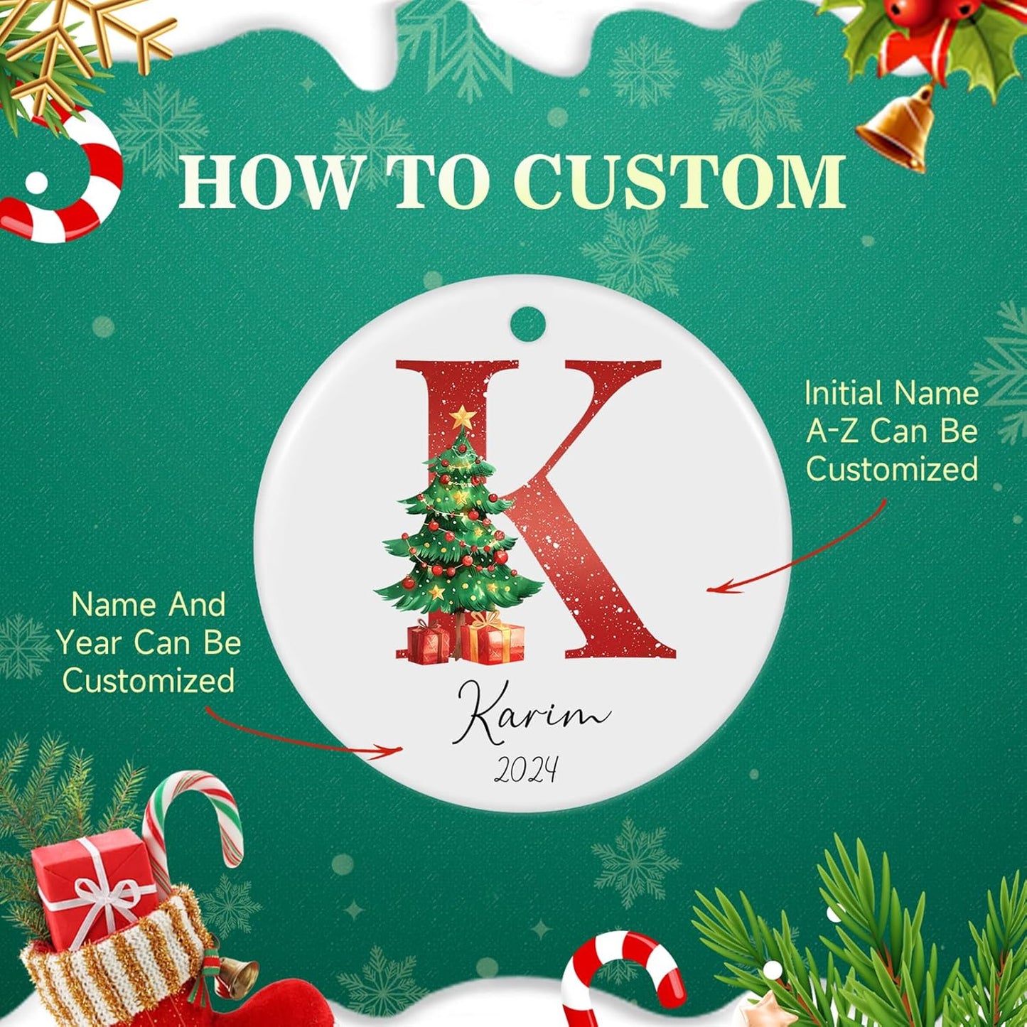 Personalized Christmas Ornaments 2025 Ceramic Custom Name Date Initial A-Z Monogram Christmas Ornament Personalized Ornament Christmas Xmas Tree Decorations for Kids Couples Family Friends