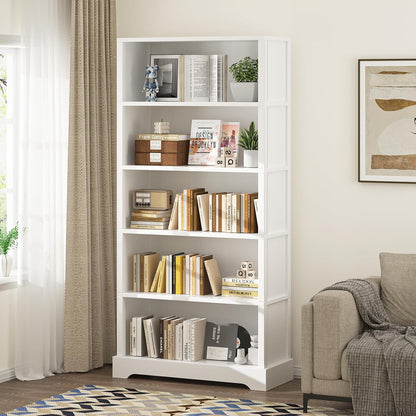 TVU 5-Shelf Wood Bookcase, 65 Inch Tall Bookshelf with Storage, Floor Standing Display Book Shelf，for Living Room Bedroom Study Office, White