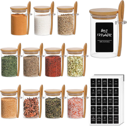 ComSaf 12 Pcs Glass Spice Jars and Spoons, 8oz Glass Containers with Bamboo Lids, Storage Containers with Airtight Lids with 275 Labels for Seasonings, Salt, Loose Leaf Tea Storage