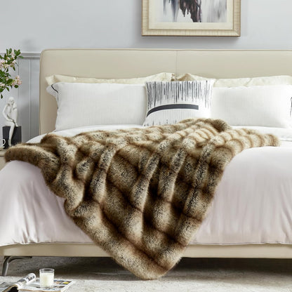 DREAMNINE Premium Luxury Fuzzy Animal Skin Faux Fur Throw Blanket 50" x 60", Double Sided Thick Shaggy Lion Fluffy Bear Lap Blankets, Soft Decorative Cozy Wolf Warm Winter Fox Furry Blanket,Gold Brown