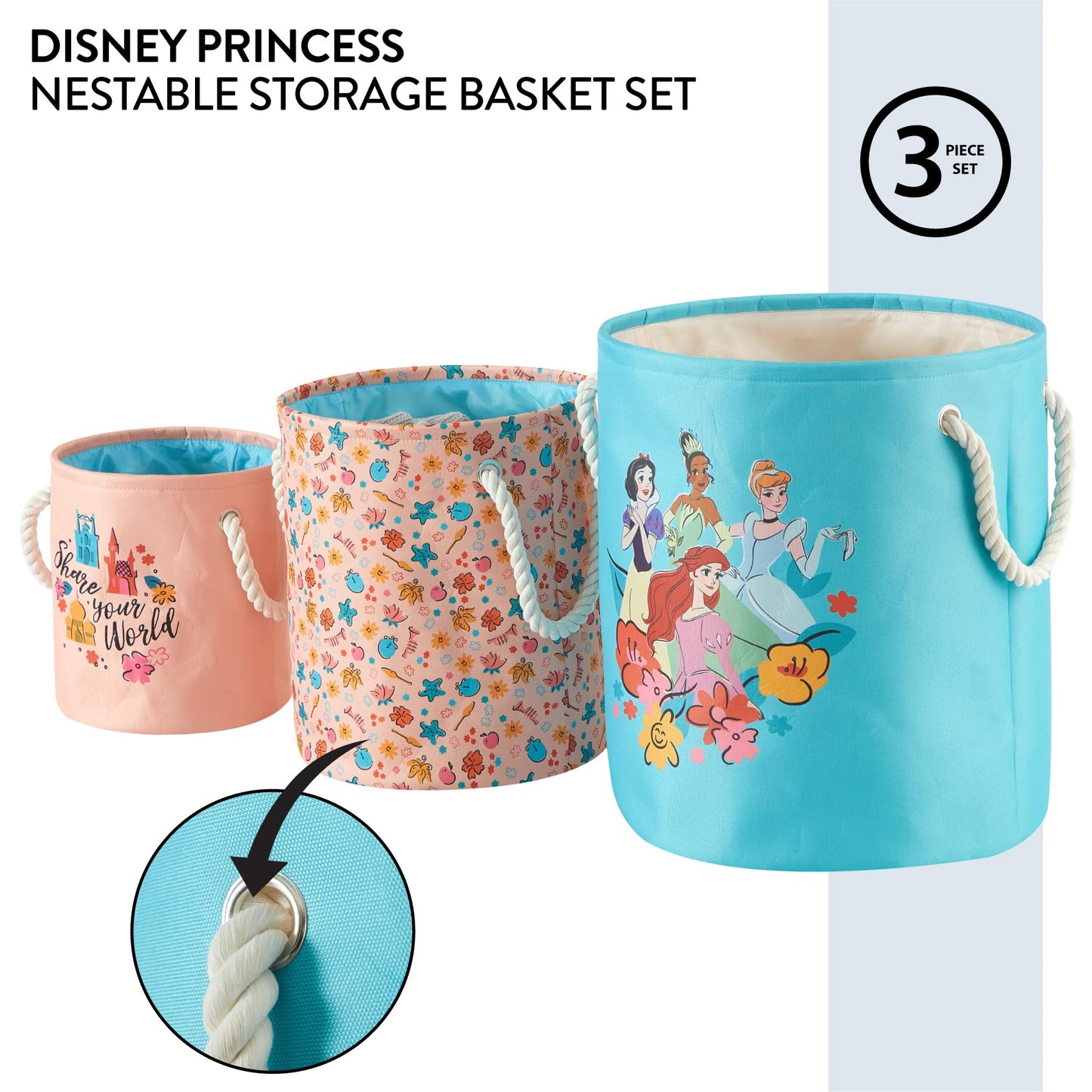 Disney Princess 3 Piece Fabric Storage Basket Set, Nestable Toy Storage Bins with Rope Handles