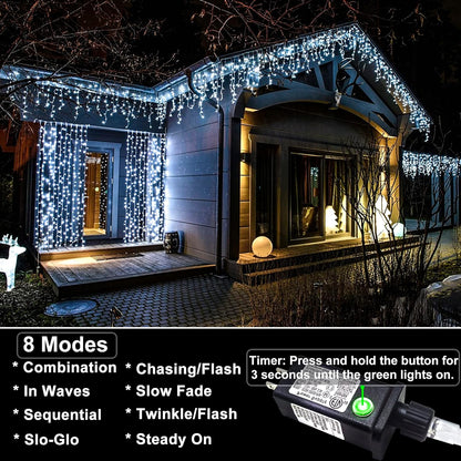 Icicle lights Outdoor - 33ft Christmas Lights with 400LED 75 Drops 8 Modes, Plug in Curtain String Lights Waterproof for Holiday Wedding Party Home Garden Bedroom Indoor Outdoor Decoration, Cool White