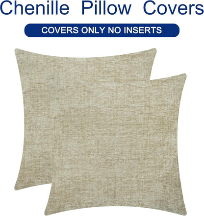 CaliTime Throw Pillow Covers Decorative 18 X 18 Inches Pack of 2 Cozy Chenille Cushion Cases for Couch Sofa Bed Living Room Home Light Taupe