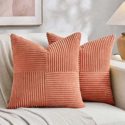 Fancy Homi 2 Packs Coral Decorative Throw Pillow Covers 18x18 Inch for Living Room Couch Bed, Rustic Farmhouse Boho Home Decor, Soft Corss Corduroy Patchwork Textured Peach Cushion Case 45x45 cm
