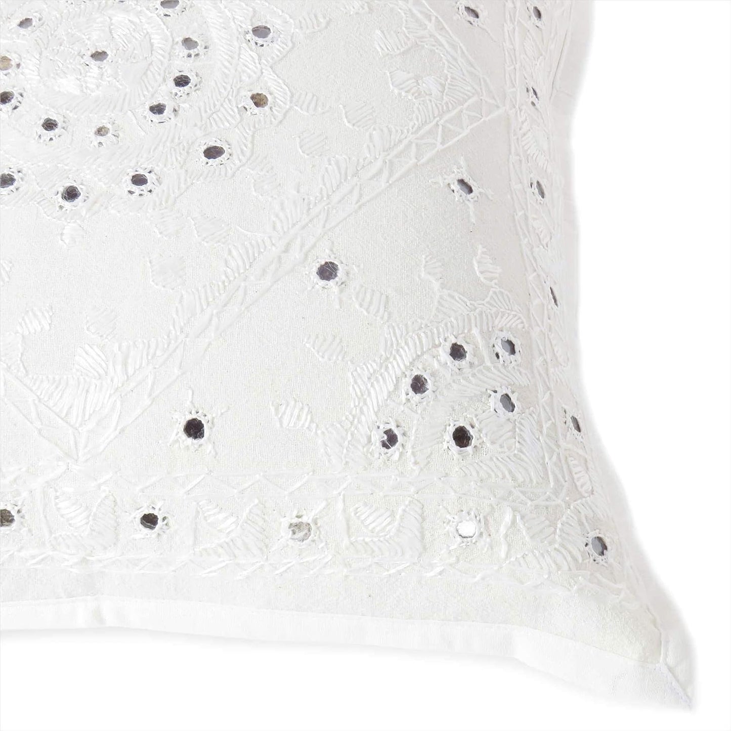 Eyes of India Embroidered Decorative Boho Throw Pillow Cover with Mirrors, Handmade Bohemian Accent Cushion Case for Sofa Couch Bedroom Living Room (White, 16" x 16")