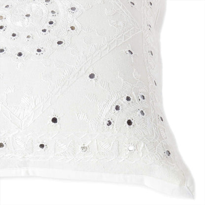 Eyes of India Embroidered Decorative Boho Throw Pillow Cover with Mirrors, Handmade Bohemian Accent Cushion Case for Sofa Couch Bedroom Living Room (White, 16" x 16")