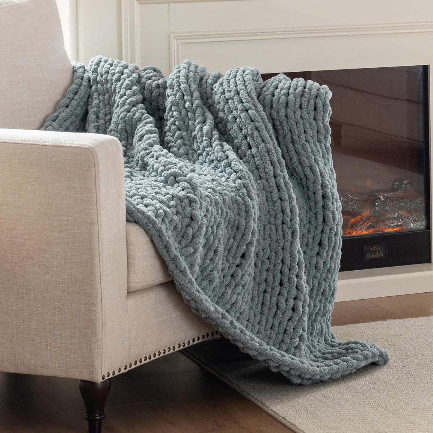 Chunky Knit Blanket Throw, 100% Hand Knit Throw Blanket Handmade Chenille Cable Knit Throw for Couch, Stylish Cozy Soft Rope Knot Crochet Blanket for Home Decor, Chambray Blue, 50x60 Inches