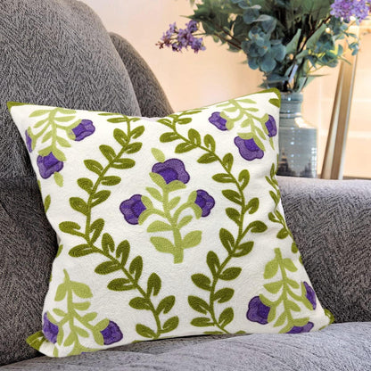 Alysheer Floral Embroidered Spring Decorative Throw Pillow Cover 18"x 18", Farmhouse Cottage Purple Flowers Green Leaves Knit Pattern Cotton Canvas Cushion Case for Sofa Couch Bed Living Room Decor