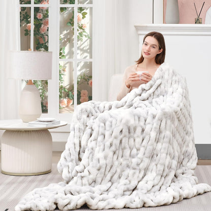 Touchat Ruched Faux Rabbit Fur Blanket, 700 GSM Luxury Dual-Sided Soft Cozy Blanket, Fuzzy Fluffy Plush Throw for Bed, Couch and Sofa - 60"x80", Tie-dye Grey