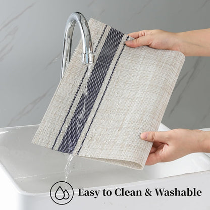 Leetaltree Khaki-Blue Placemats, Heat Resistant Non-Slip Place mats for Dining Table, Washable Durable PVC Vinyl Woven Table Mats (Set of 12)