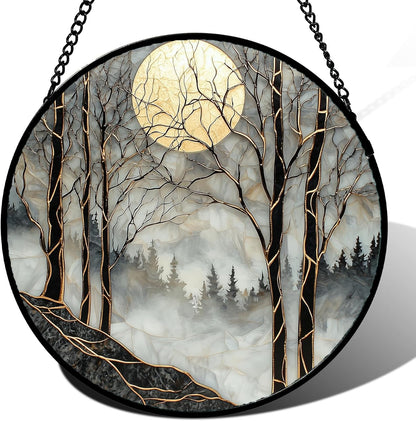 Stained Glass Window Hanging - Black and White Gold Moon Forest Sun Catcher for Door Home Decor Suncatcher Christmas Mother's Day Birthday Gifts for Women Men Lovers Mom Nana 15 in