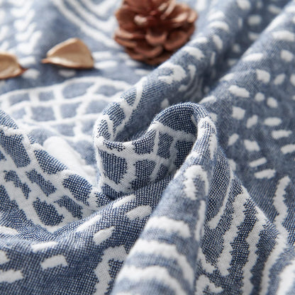 JINCHAN Boho 100% Cotton Muslin Blanket 3-Layer Twin Size Geometric Lightweight Reversible Soft Cozy Throw for Couch Sofa Bed All Season Coverlet Ideal Gift Bedroom Living Room Decor Blue 60x80 Inches