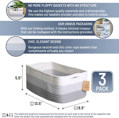 NaturalCozy 13.5”x8.5”x5.5” Rectangle Storage Baskets for Shelves 3 Pack | Cotton Rope Woven Small Baskets for Organizing | Small Storage Bins for Nursery, Bathroom, Closet, Shelf, Decorative