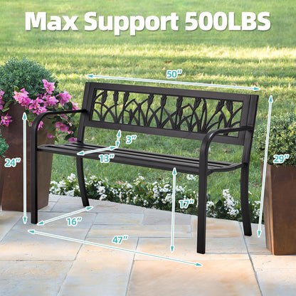 AVAWING Outdoor Bench, 2-Person Garden Benches for Outside, Metal Frame Patio Seating with Floral Pattern Backrest, Armrests for Lawn, Park, Porch, Entryway, Black