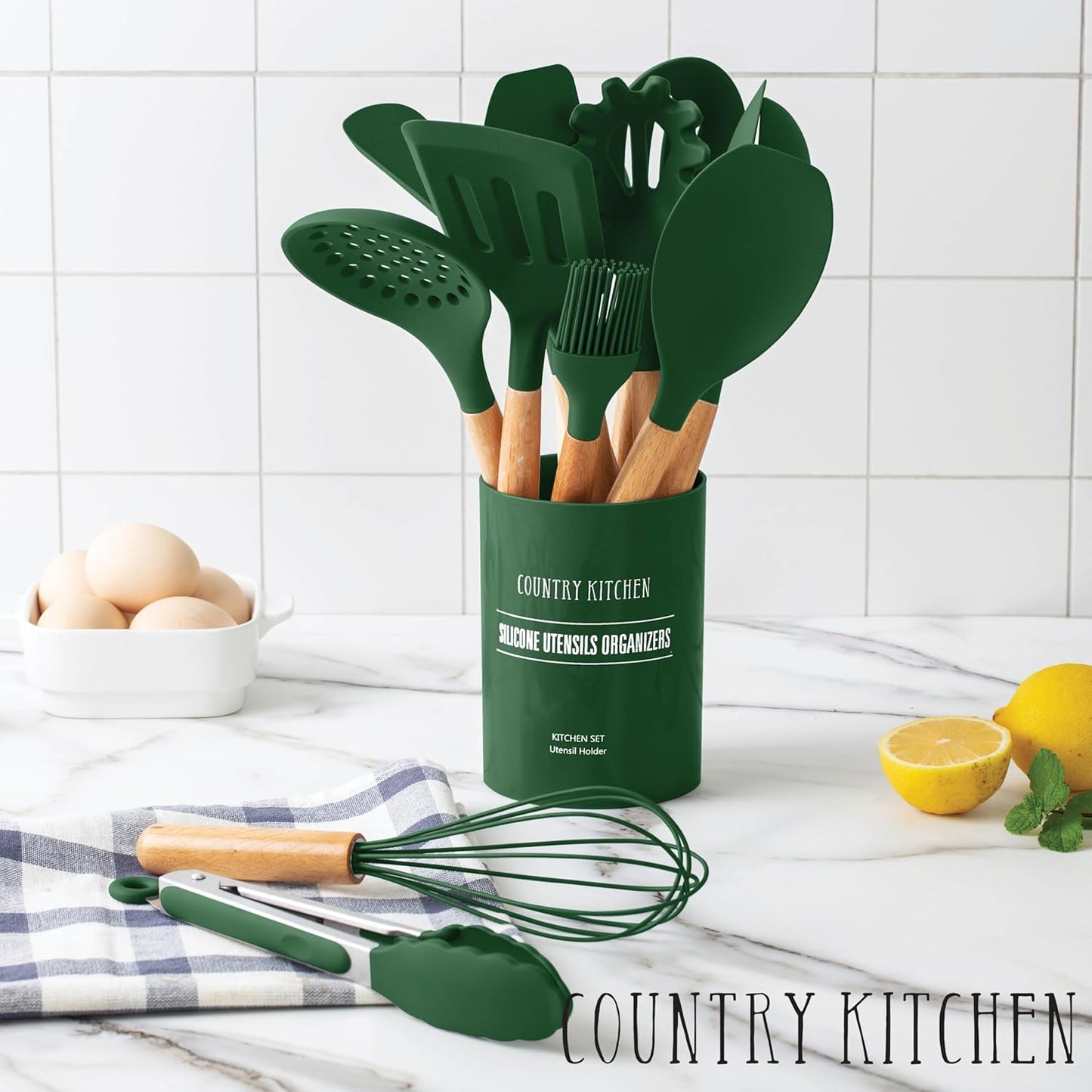 Country Kitchen Non Stick Silicone Utensil Set with Rounded Wood Handles for Cooking and Baking, 14 Piece Set, Green