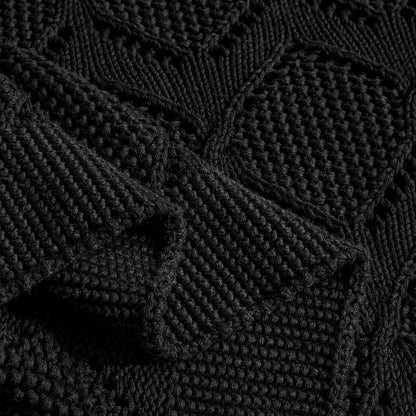 Longhui bedding Chunky Cotton Knit Throw Blanket for Couch, Sofa, Bed, or Chair, Decorative Breathable Fall Cable Knit Blanket 51 x 63 Inches, Medium Weight Black