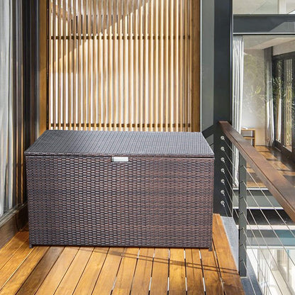 Super Patio Wicker Outdoor Patio Storage Box Waterproof, 120 Gallon Large Deck Box Rattan Storage Bin for Cushions, Garden Tools, Pool, Brown