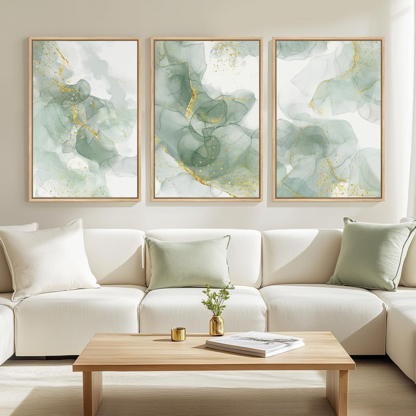 Large Framed Sage Green Abstract Wall Art for Living Room, 3 Piece Green and Gold Canvas Prints Paintings Artwork for Walls, Modern Minimalist Pictures for Hallway Stair Office Wall Decor 24x36 In