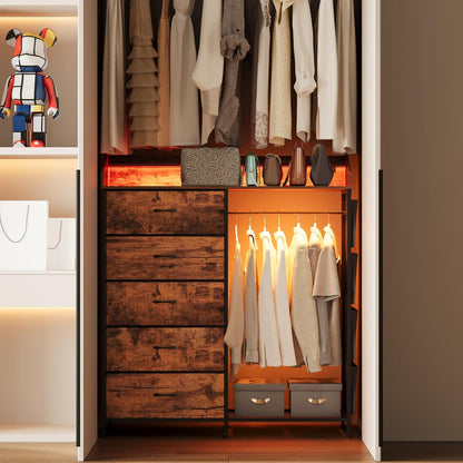 LUMTOK 2-in-1 Dresser with Hanging Racks,5 Fabric Drawers Dressers with LED Lights, Charging Station for Bedroom Living Room, Entryway, Closets (Rustic Brown)