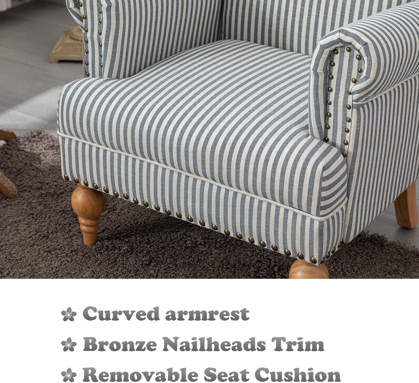 chairus Linen Accent Chair for Living Room Upholstered Mid Century Modern Single Sofa Chair with Solid Wood Legs Comfy Reading Chair Armchair for Bedroom/Office Room/Recption/Lounge, Blue Stripe