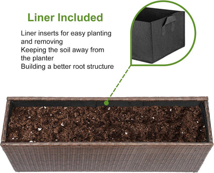 LEWIS&WAYNE Large Rectangular Block Planter Box Handmade Wicker Tall Planters for Outdoor Plants with Removable Liners Modern Planter for Indoor Outdoor Patio Deck - Brown, 36''x12''x16''