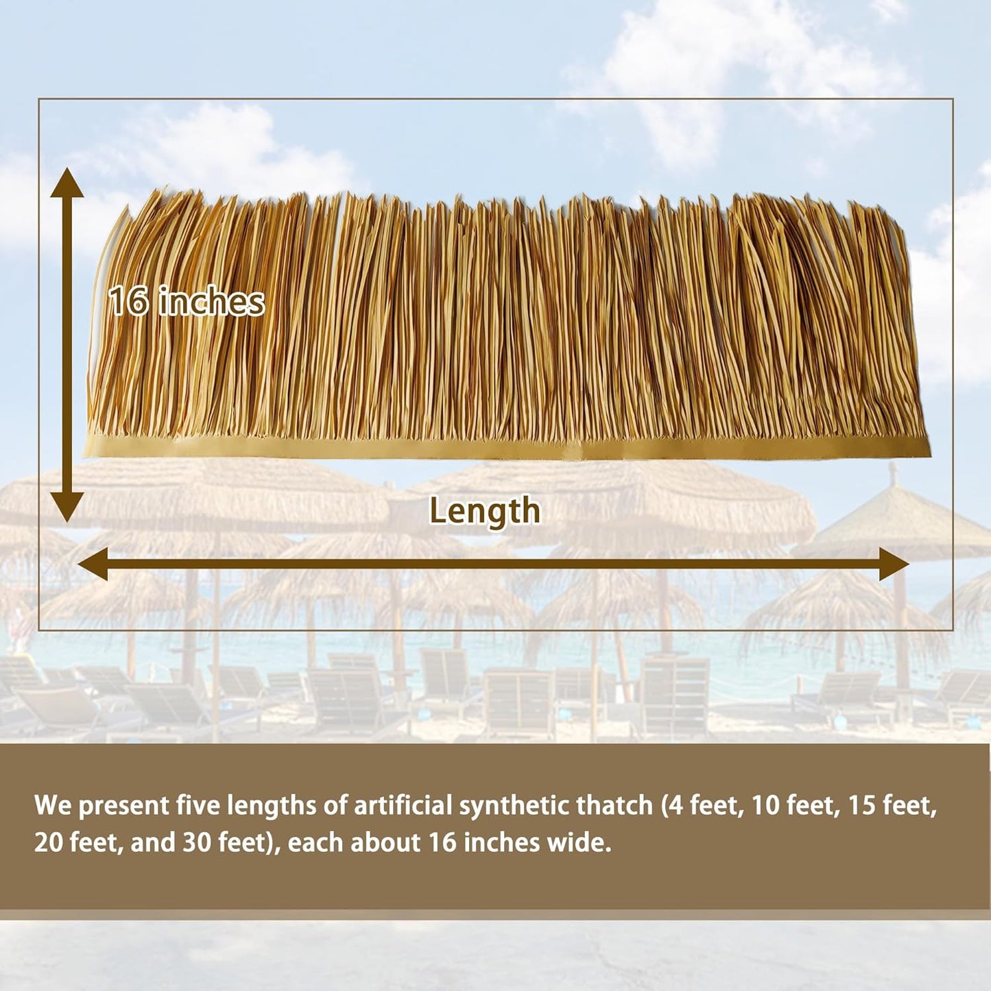 Premium Mexican Style Artificial Palm Thatch Roof Rolls. 5 Lengths, 2 Colors. Waterproof. Easy Install. Ideal for Tiki Bars, Parties, Gardens & Fences (30ft x 16in - Palm Color Thatch)