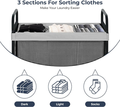 STO STO Laundry Hamper 3 Section, 120L Rolling Laundry Sorter Cart with Removable and Washable Liner Bag, Rolling Clothes Hamper with Metal Handle for Laundry Room and Bedroom, Gray