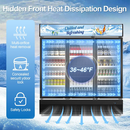 Tylza Commercial Refrigerator, Three Glass Door Display Beverage Fridge, 59.06 Cu Ft Upright Beverage Cooler Merchandiser with Replaceable Advertising Light Board, Rebound Door, Fast Cooling