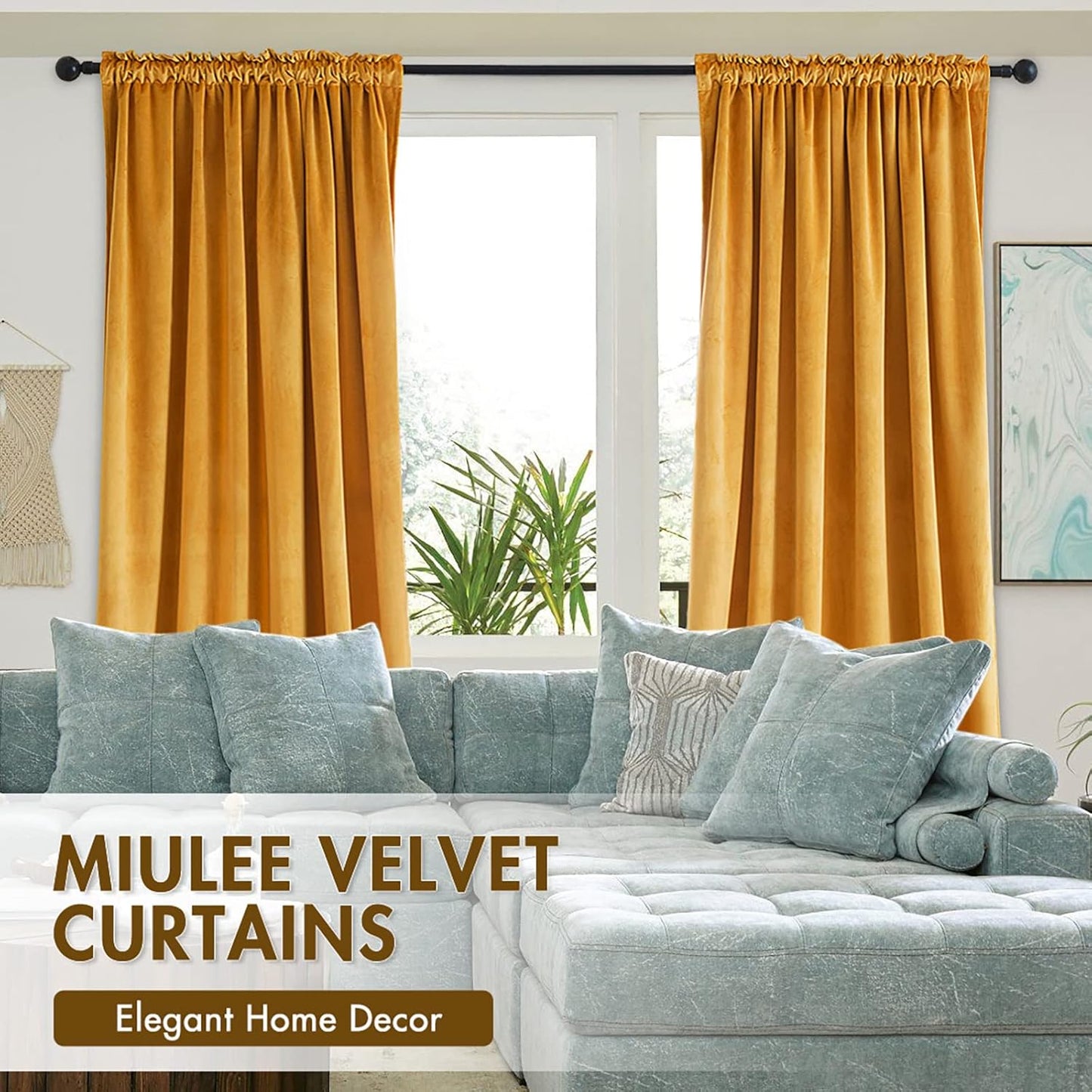MIULEE Mustard Yellow Velvet Curtains Thermal Insulated Blackout Curtain Fall Drapes for Bedroom Living Room Darkening 96 Inches Long Curtains Panels Rod Pocket Set of 2