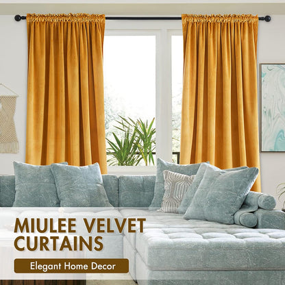 MIULEE Mustard Yellow Velvet Curtains Thermal Insulated Blackout Curtain Fall Drapes for Bedroom Living Room Darkening 84 Inches Long Curtains Panels Rod Pocket Set of 2