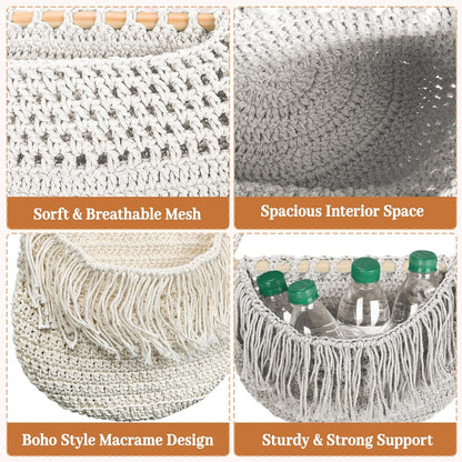 4 Tier Hanging Fruit Basket for Kitchen, 4 Pack Detachable Cotton Crocheted Wall Hanging Baskets Shelf Over Door Organizer for Fruit Veggie Plant, Hanging Storage Basket for Bathroom Bedroom(Beige)